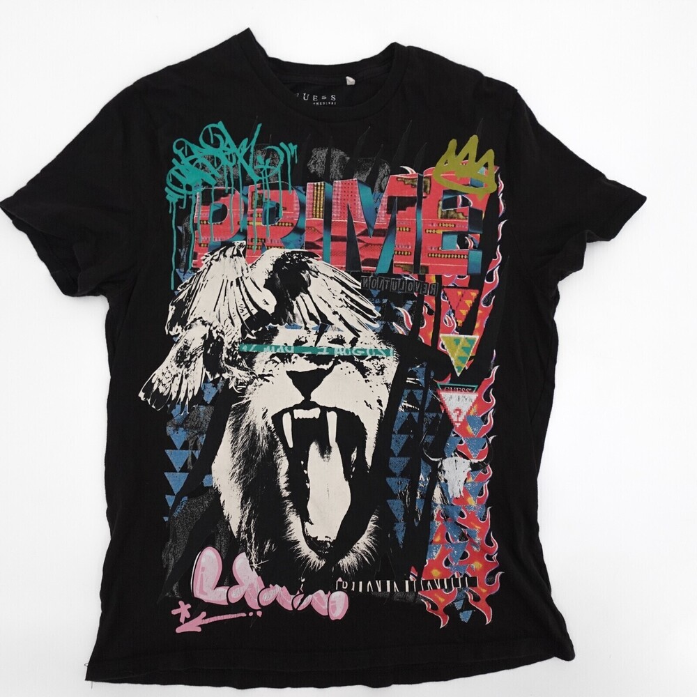Guess Shirt Mens Small Black Lion Graphitti Prime T-Shirt Graphic